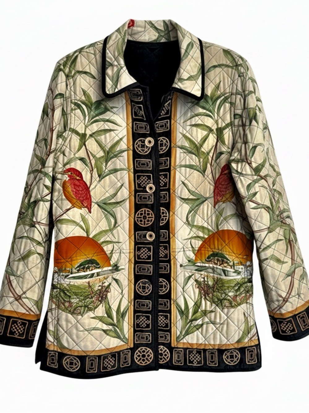 Reversible Quilted Asian-Inspired Bird Print Jacket | Black Ivory